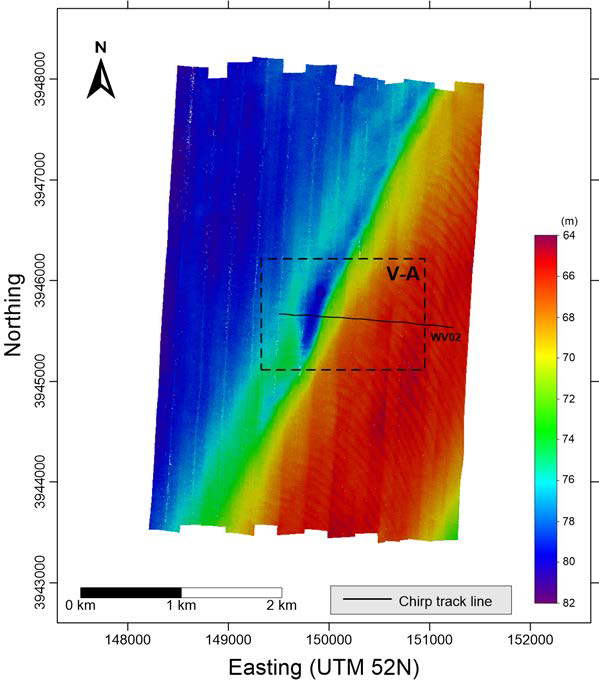 Bathymetry as measured using multi-beam echosounder at the V site.