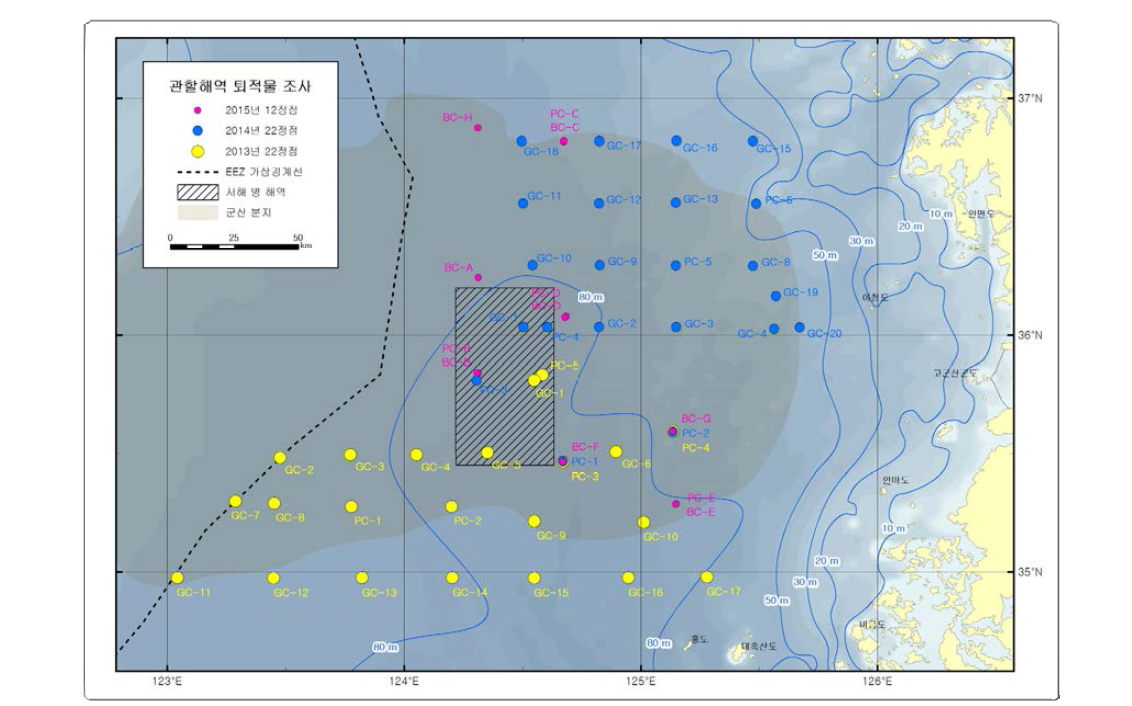 Map showing the location of gravity, piston, and box core sediments samples in the Kunsan Basin, Yellow Sea (2013-2015).