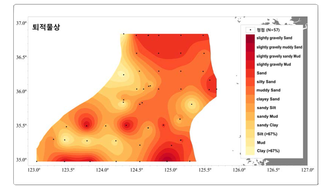 Distribution of surface sediment types in the Kunsan Basin, Yellow Sea.