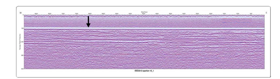 Location of piston core 13YS-PC-1 (arrow) on Sparker seismic profile.