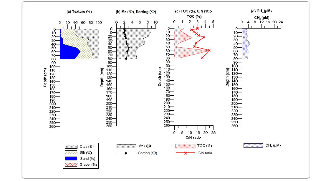 Vertical variations in texture, mean grain size, sorting coefficient, total organic carbon (TOC), C/N ratio, CH4 (methane) concentration and carbon isotope ratio (δ13CCH4) in core 13YS-PC-2 sediments.