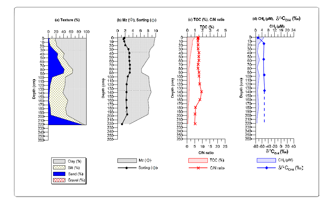 Vertical variations in texture, mean grain size, sorting coefficient, total organic carbon (TOC), C/N ratio, CH4 (methane) concentration and carbon isotope ratio (δ13CCH4) in core 15YS-PC-B sediments.