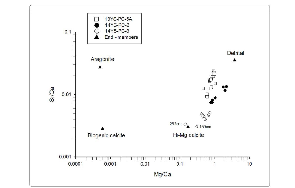 Relationships between Sr/Ca and Mg/Ca ratios of sediment cores 13YS-PC-5, 14YS-PC-2, and-3.