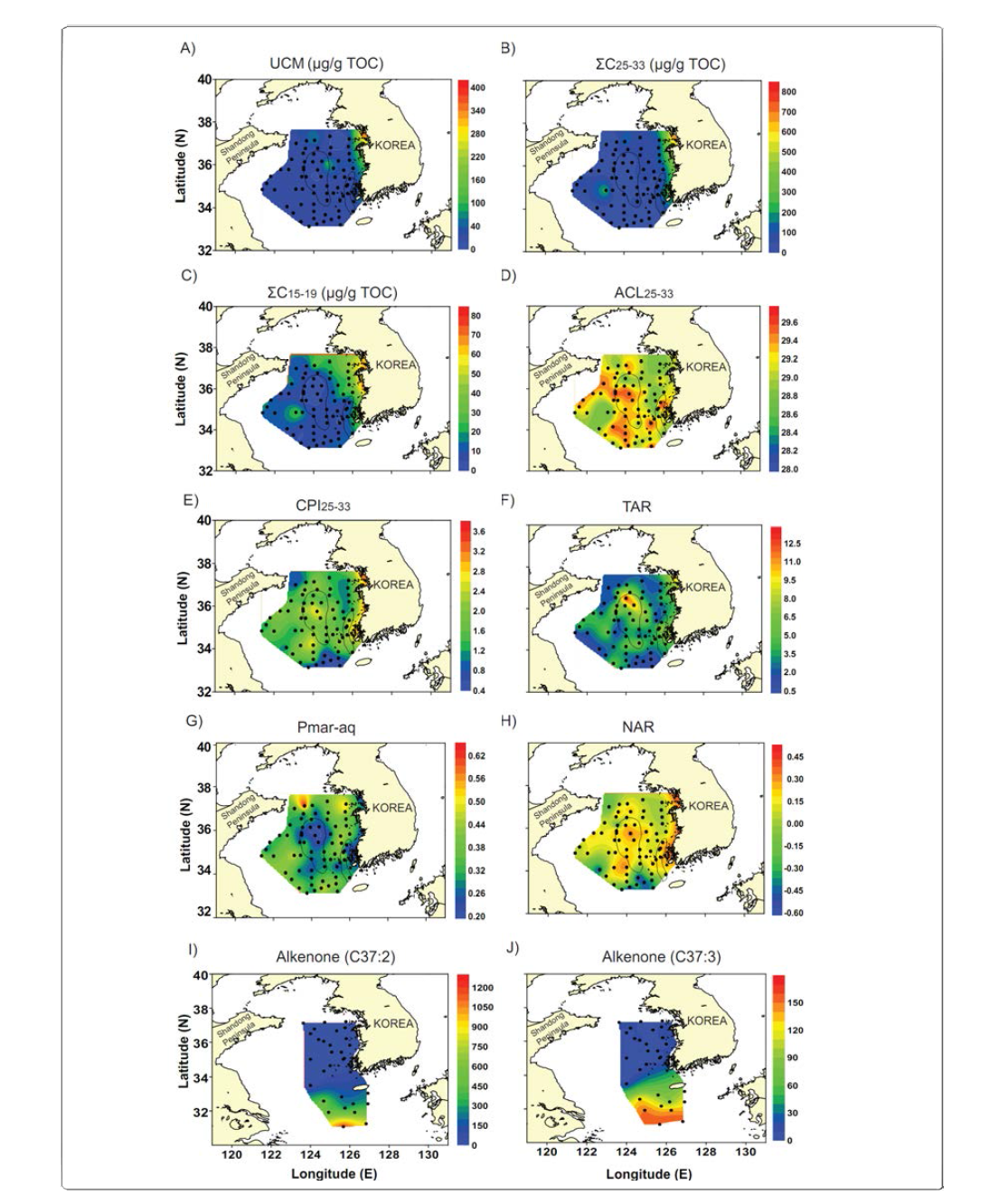 Spatial distributions of various n-alkane parameters: concentrations of (A) unresolved complex mix (UCM), (B) odd long chain n-alkanes (C25-C33) and (C) odd short chain n-alkane (C15-C19), (D) average chain length (ACL), (E) carbon preference index (CPI), (F) terrestrial/aquatic ratio (TAR), (G) % of aquatic plants (Pmar-aq), (H) natural n-alkane ratio (NAR), (I) alkenone concentration (C37:2) and (J) alkenone concentrations (C37:3) in the southeastern Yellow Sea.