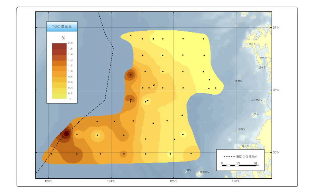 Distribution of total organic carbon (TOC) of surface sediments in the Kunsan Basin, Yellow Sea.