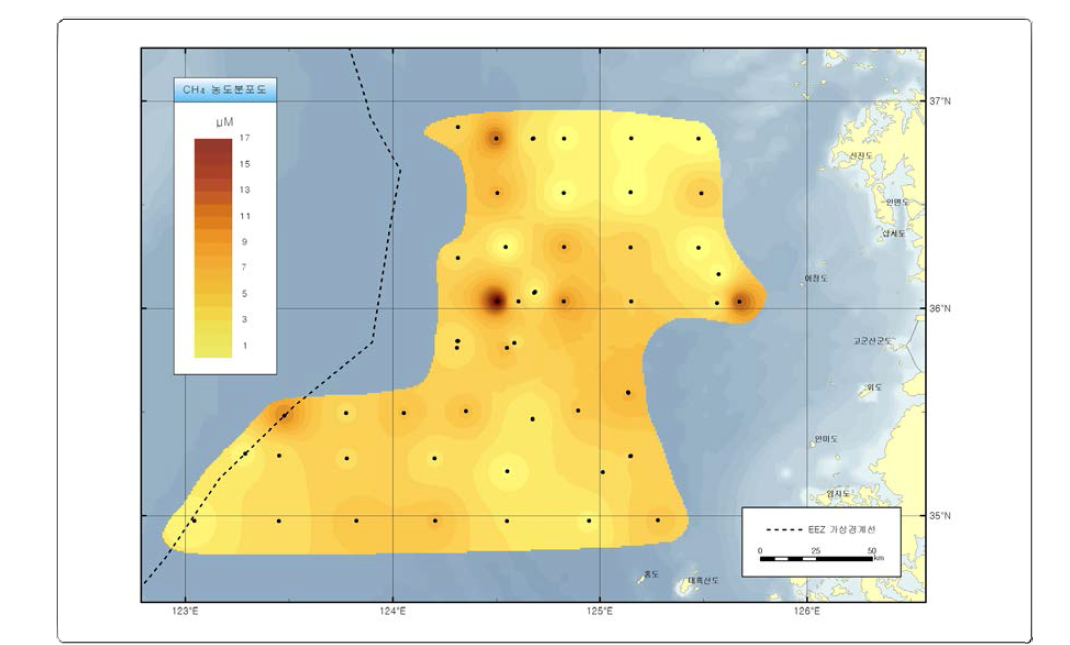 Distribution of CH4 (methane) concentration (µM) of surface sediments in the Kunsan Basin, Yellow Sea.