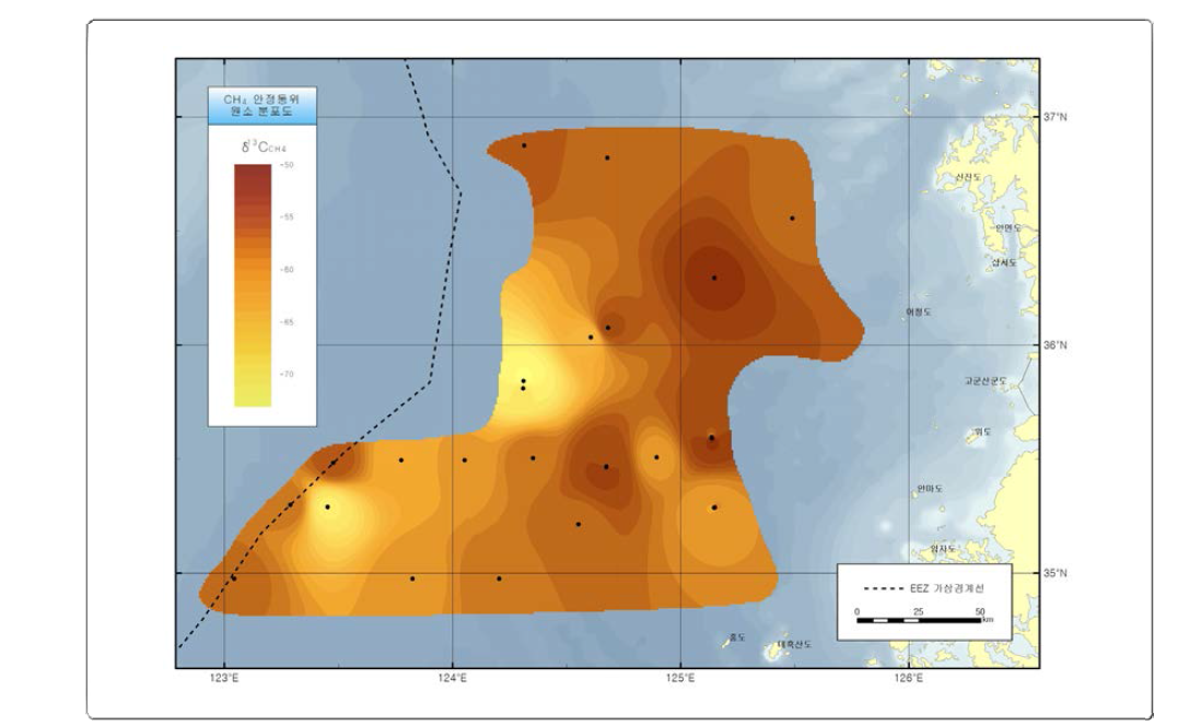 Distribution of δ13CCH4 (stable carbon isotope of methane) concentration (‰) of surface sediments in the Kunsan Basin, Yellow Sea.