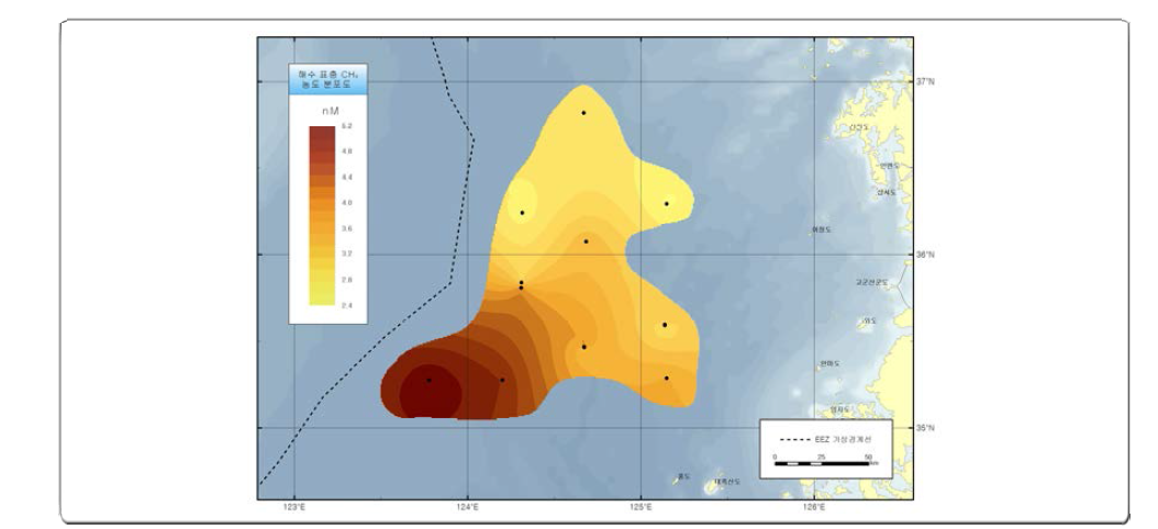 Distribution of CH4 (methane) concentration of surface water layer (-1.0 m depth) in the Kunsan Basin, Yellow Sea(2013-2015).