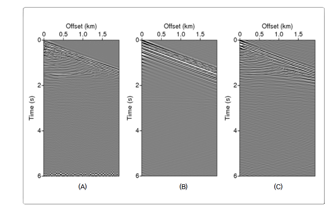 (A) Common shot gather from real seismic data, (B) from initial velocity model, (C) from result of wave inversion at the 350th shot.