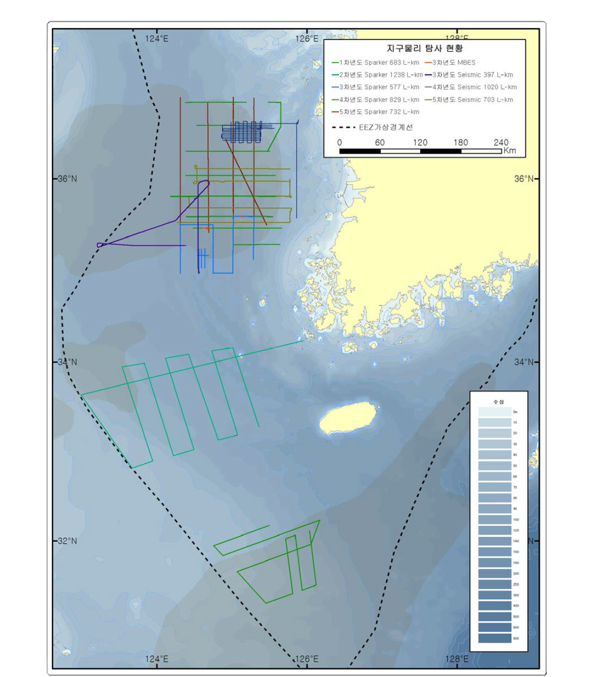 Location of seismic (Air-gun multi-channel, Sparker) and Multi-beam echosounding survey lines.