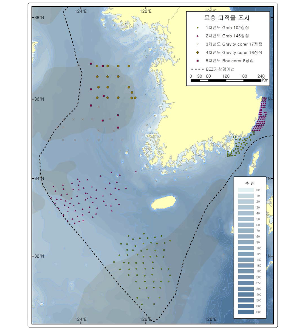 Location of grab, gravity (piston) and box core sediment samples.