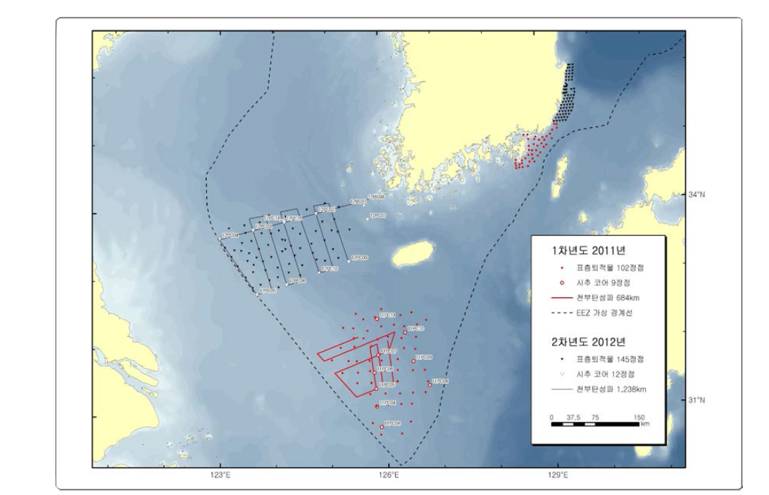 Sparker and Chirp seismic survey lines and sediment sampling sites in 2011 and 2012.