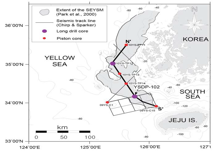 Location of age-dated sediment cores, Sparker and Chirp seismic survey lines in 2010. Thick line is the Sparker seismic profile in Fig. 3-1-4; red points, piston cores.