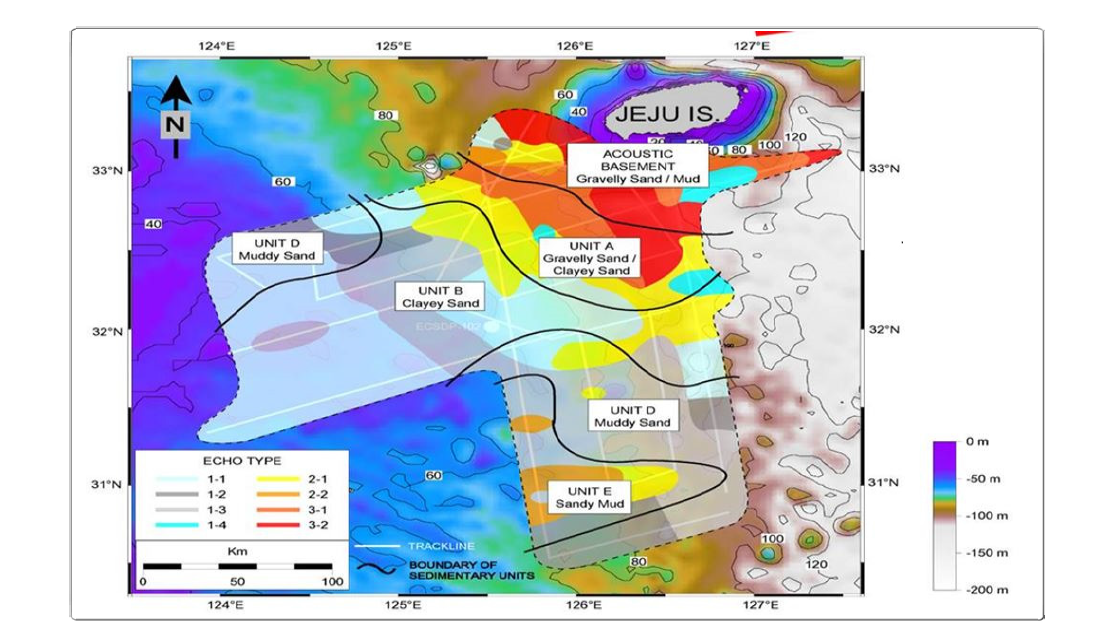 Distribution of Sparker and Chirp seismic facies in the southwestern sea off Jeju Island.