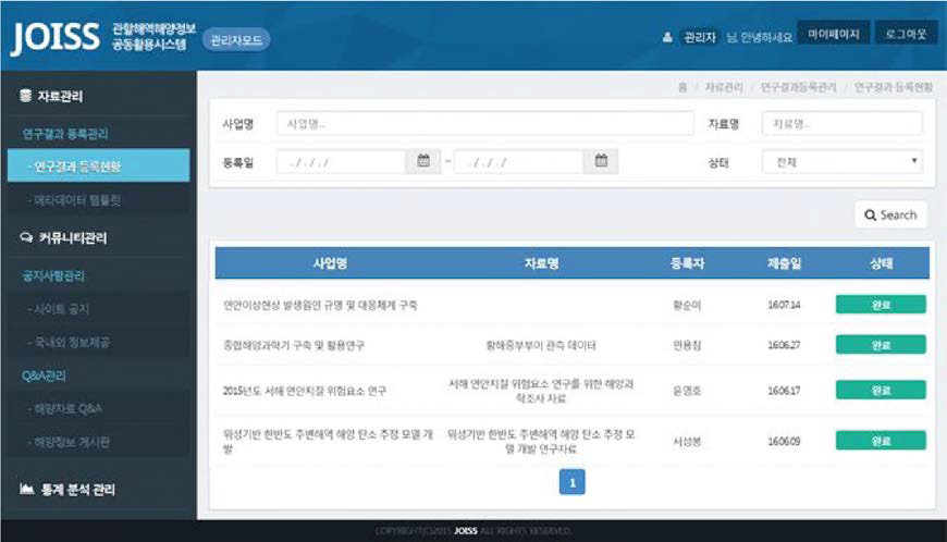 JOISS포탈 업로드하여 수집된 연구자료 목록