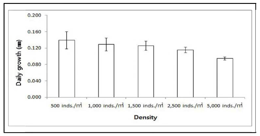 뗏목식 중간양성시 사육밀도에 따른 일간성장