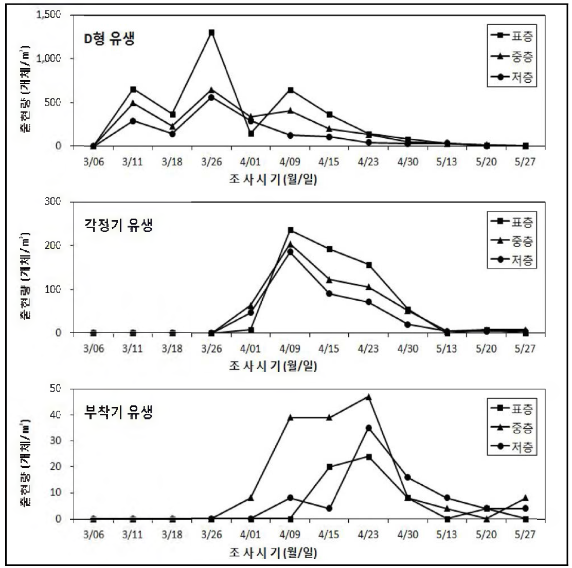 서해안(군산)에서 담치류 부유유생의 발달단계별 수층별 출현양상