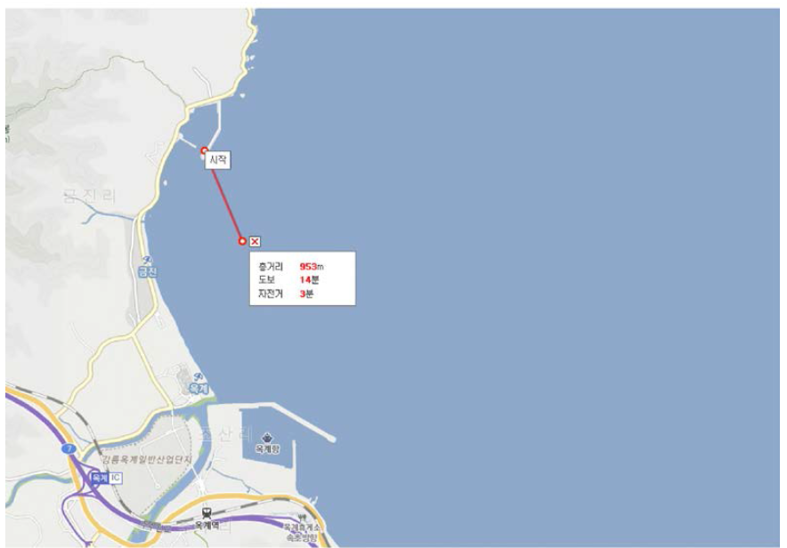 심해역 음향분리기 실해역 통신시험 위치(금진항 부근)
