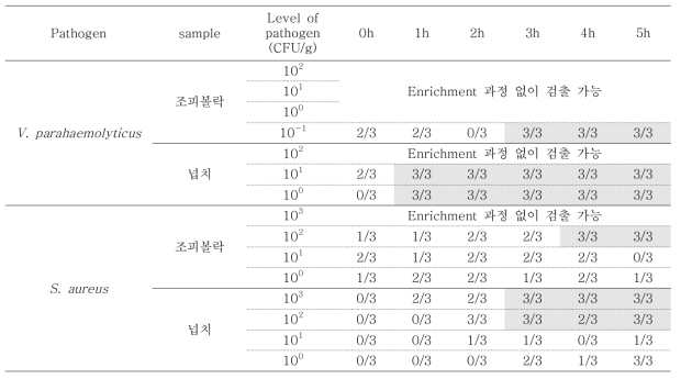 Filtering 전 식품 내 초기 식중독균 농도에 따른 enrichment time 별 real-time PCR 검출 유무 빈도