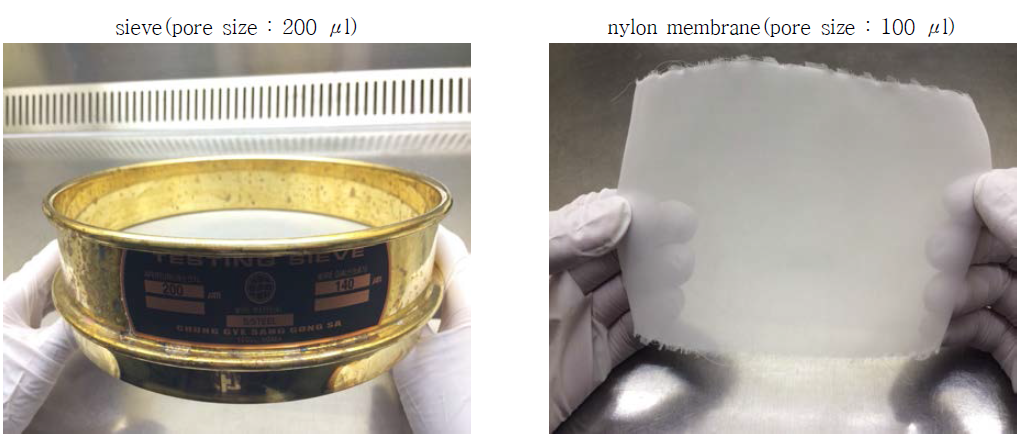 검체 여과 과정 테스트(Sieve & Nylon membrane)