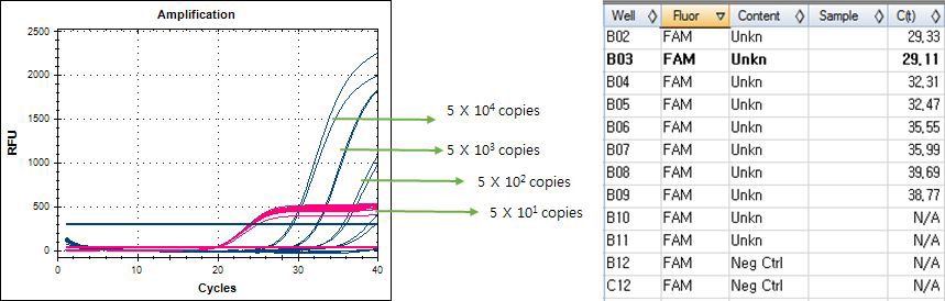 Real-time PCR results. Screening kit. Set.A - template LOD. Vibrio spp. control plasmid