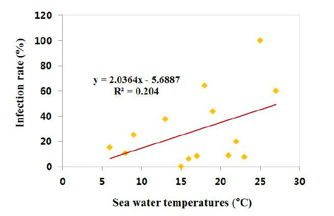 야생어류의 수온별 Vibrio spp.의 감염률