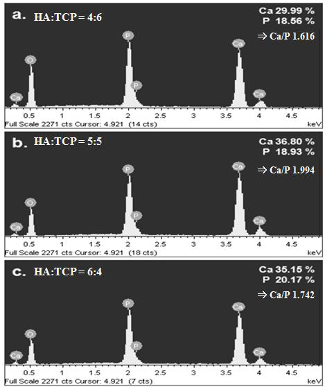 The Ca/P composition of each bone grafting materials synthesized as the define d mixing ratio of HA and β-TCP synthesized from Abalone shell by energy dispersive X-ray spectroscopy (EDS)