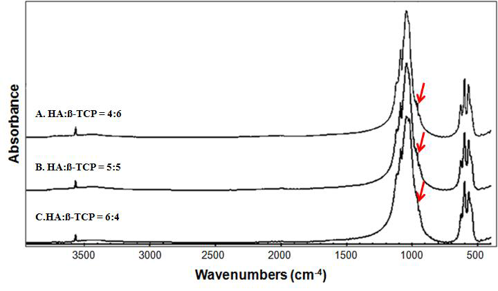 The structural analysis of chemical composition of each bone grafting materials synthesized as the defined mixing ratio of HA and β-TCP synthesized from Abalone shell by Fourier Transform Infrared (FT-IR) spectroscopy