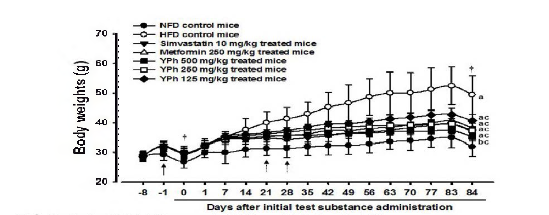 Body Weight Changes in NFD or HFD Supplied Mice