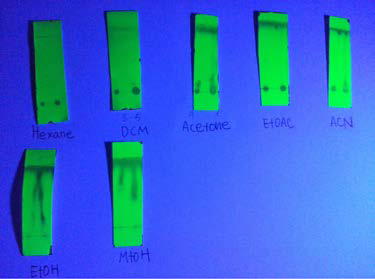 Methylene chloride n-buthanol 분획의 순상 TLC상에서 유기용매별 용해 이동 확인