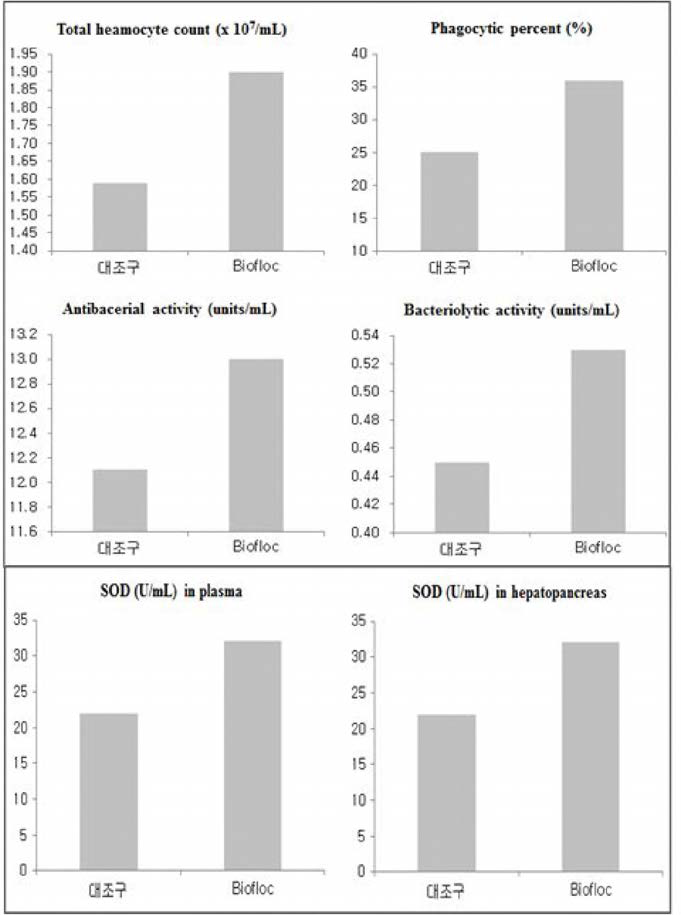 바이오플락을 먹이원으로 이용한 흰다리새우에 있어서 면역력 및 항산화력 지표 분석 결과