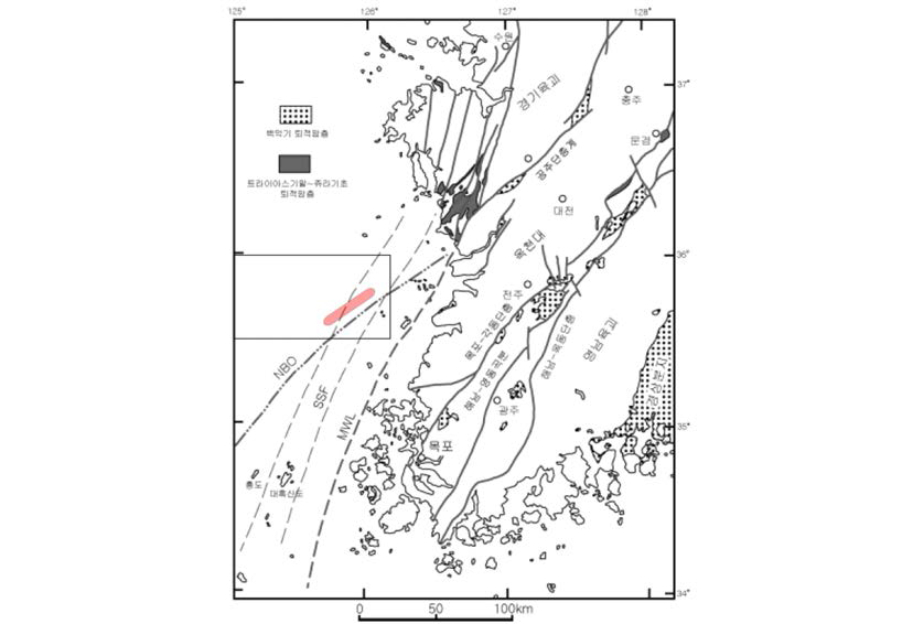 한반도 남서부 구조선 분포도 (최범영 외, 2003). 사각형은 조사 지역. 붉은색 지역은 음향기반암 함몰대의 방향성. 점선은 가정된 육상구조선의 연장선. MWL; 목포-원산 구조선의 연장선, SSF; 충청남도 서측에 형성된 주향 이동단층의 연장선, NBO; 옥천대의 북서 경계구조선의 연장선.