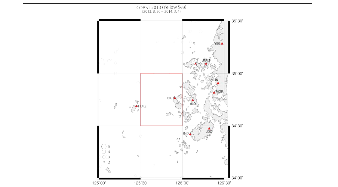 연구지역 지진발생분포와 임시(WID, AMD, JID, AJD) 및 상시(MUN, YGB 등) 지진관측소 분포도.