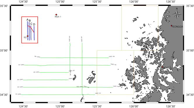 연구지역의 탄성파 탐사측선도. 지진이 일어난 진앙지 주변 탐사측선(파란색)과 단층 구조선(빨간색).