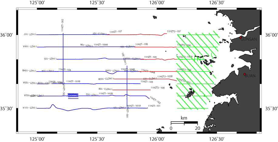 2011년도 조사지역 탄성파 탐사 측선도. blue line은 1차 탐사 측선, red line은 2차 탐사측선, green line은 소형선박을 이용한 탐사측선.