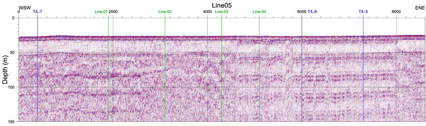 Line-05 스파커 탄성파 단면도(WSW-ENE)