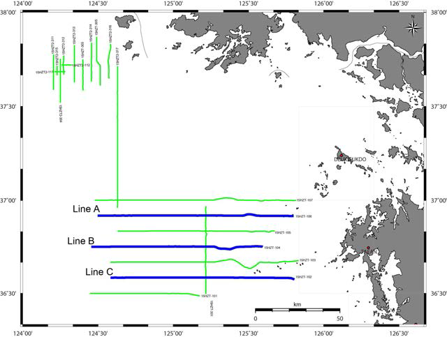 연구지역의 2차원 탄성파탐사 측선도. 녹색선은 탐사측선, 파란색 선은 해석된 탄성파 단면도의 위치.