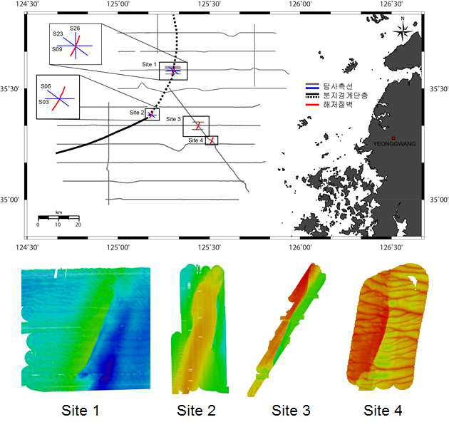 연구지역의 해저절벽 위치도와 Site 1~4 (해저절벽 지역)의 멀티빔 음향측심기를 이용한 해저지형도. 회색선과 파란선은 탄성파 탐사측선, 검정색선은 단층, 빨간선은 해저절벽