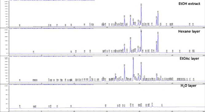 육두구 분획물에 따른 HPLC total chromatogram.