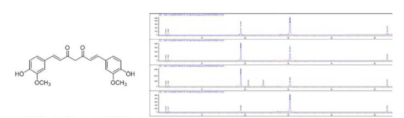 Typical HPLC chromatogram of the individual and mixture standards (curcumin) with methanol solvent.