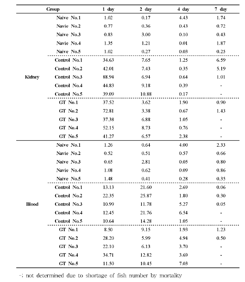 Mx gene expressions in the kidney and blood after 1, 2, 4 and 7 days after V H SV infection. V H SV was infected followed by oral administration of GT at the concentration of 5 /jg/g/day. Control； V H SV infected positive control, G T ； GT treated