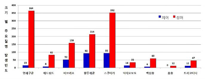 크기 별 주요질병 발생빈도 (복합감염 진단 건 포함)