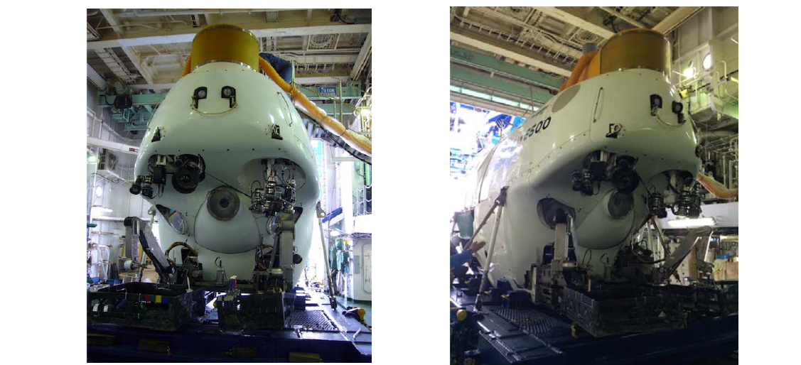 Front of Shinkai 6500 – Three viewports, Two manipulators, Cameras and Lights are installed.