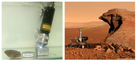 LIBS 시스템을 수중 및 우주에서 활용한 사례의 사진 (우주에서 활용한 사례는 화성탐사의 curiosity robot에 LIBS 시스템을 장착하여 사용)