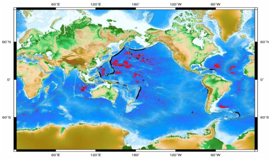 해양수심도: 6,000-6,500m(red), 6,500-7,000m(yellow), 7,000m이상(black)