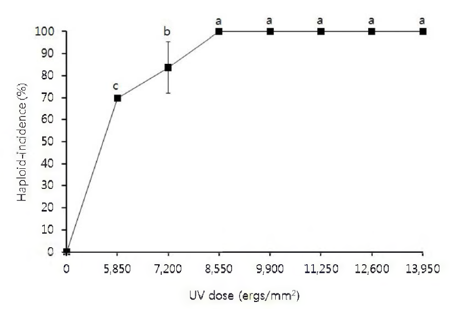 Induction rate of androgenetic haploid by UV concentration