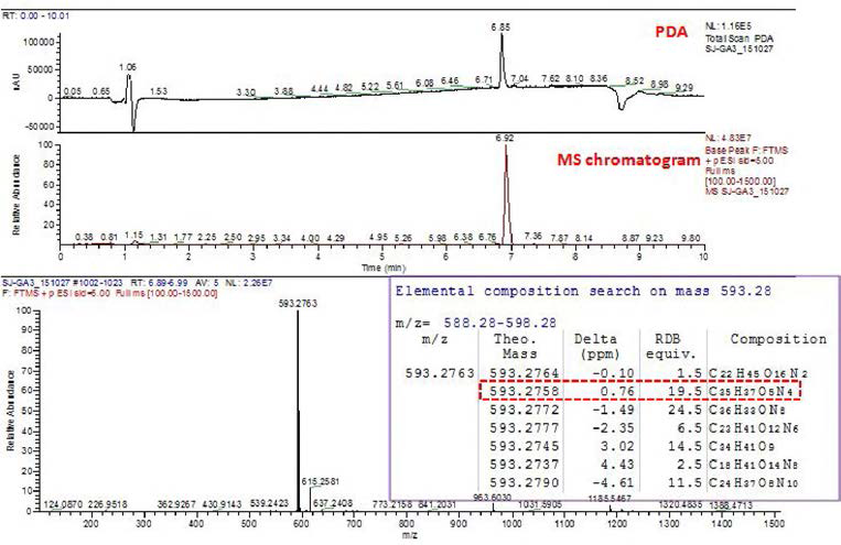 우뭇가사리로부터 분리된 pheophorbide A에 대한 HR/mass 분석 결과