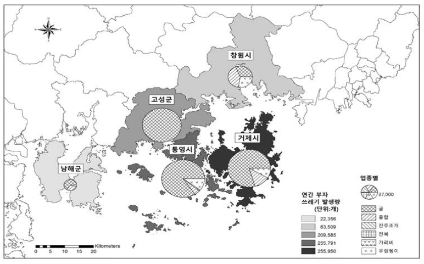 경남지역 양식업종별 스티로폼 부자 쓰레기 발생량 지도