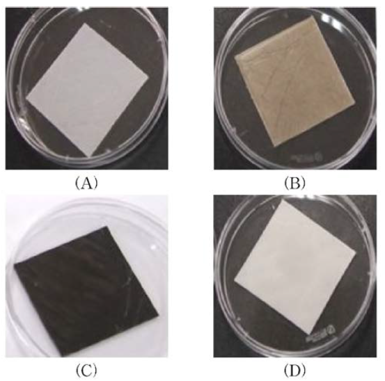 Sheet images of (A)Pure PP sheet, (B)PP/Ag-SiO2 10% sheet, (C)PP/Ag-zeolite 10% sheet, (D)PP/Ag-Zn 10% sheet