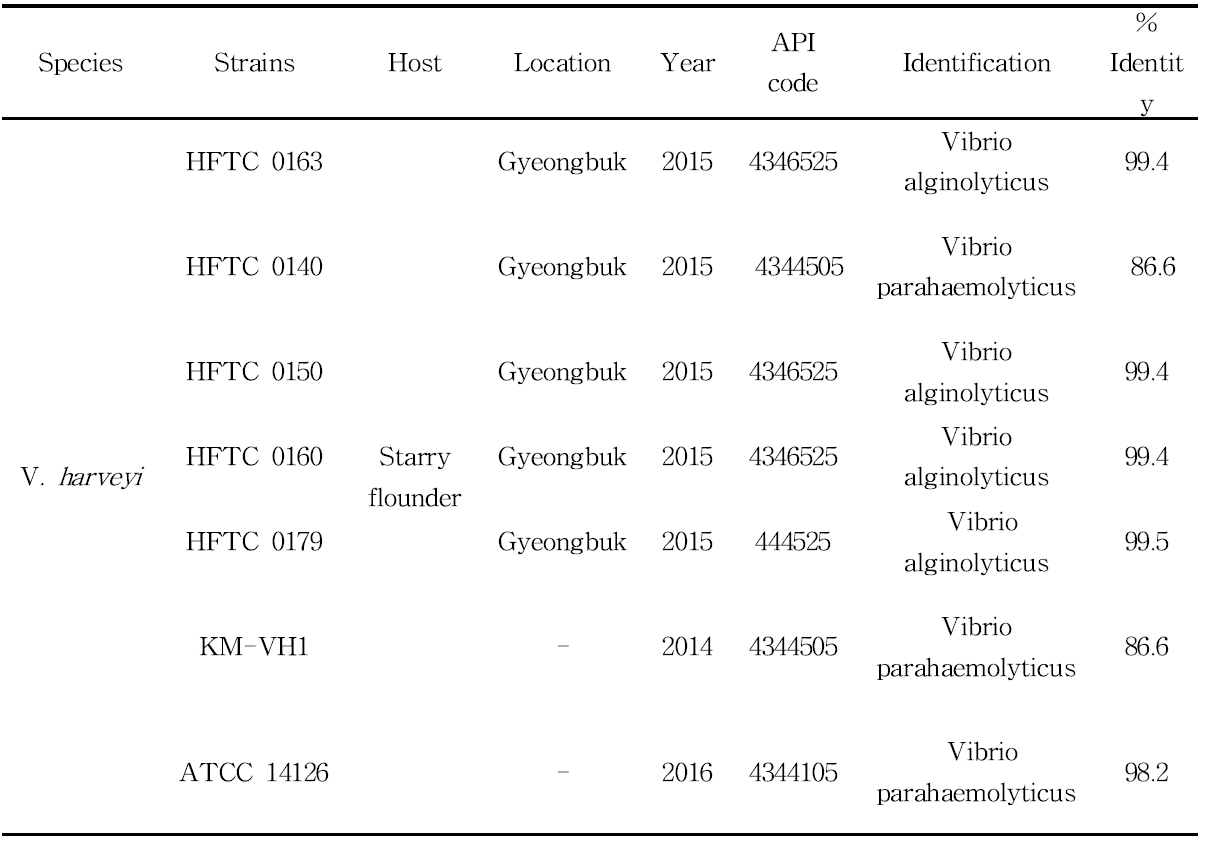 V. harveyi 백신주의 API 20E strep kit을 이용한 생화학적 검사결과